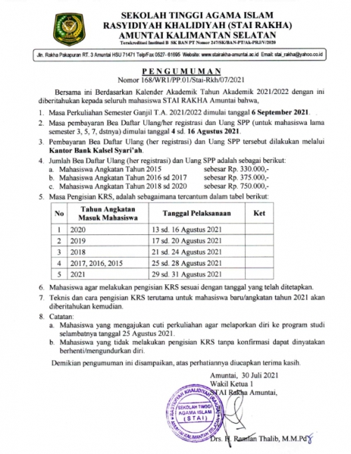 Pengumuman Daftar Ulang Tahun Akademik 2021/2022 STAI Rakha Amuntai